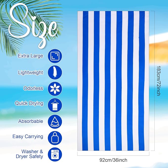 EBOOT 10 Pack Oversized Beach Towel Set Extra Large Pool Towels Microfiber Quick Dry Swim Blanket for Adult Women Men Face Hand Body Bath Travel Pool(Plain Color,36 x 72 Inch,Cabana Stripe)