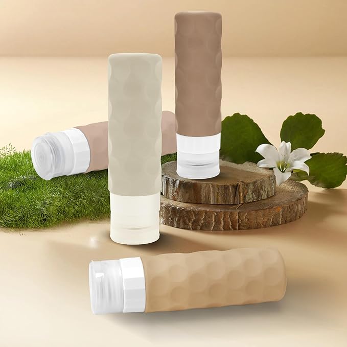 Silevoler Travel Bottles for Toiletries, 4pcs Tsa Approved 3oz Travel Size Containers, BPA Free Leak Proof Premium Silicone Bottles, Refillable Liquid Squeezable Accessories W/Toiletry Bag(Cream)