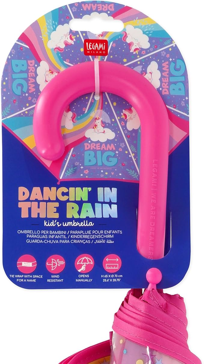 Legami - Dancin' In The Rain Children's Umbrella, Windproof Structure, Manual Opening, Fabric Closure with Space for Name, Hook Handle, 73 x 65 cm