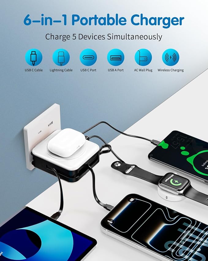6-in-1 for Magsafe Portable Charger with Built-in Cables & Wall Plug,10000mAh Magnetic Wireless Power Bank,22.5W Fast Charging USB C Battery Pack,Travel Essentials for iPhone 17/16/15/14/13/12,White