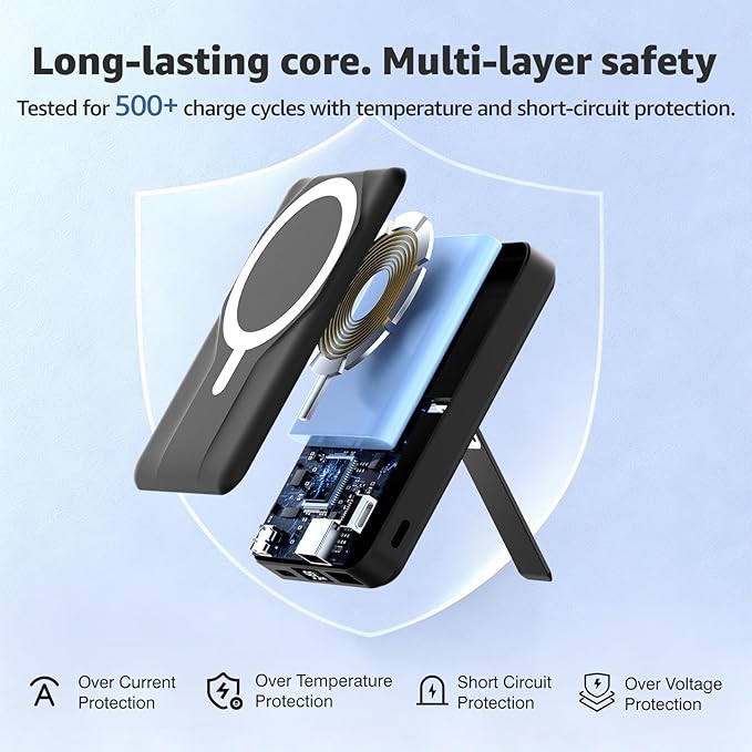 Azmuth Magnetic Power Bank,10000mAh for MagSafe Battery Pack, 22.5W PD Fast Charging,LED Display & Foldable Stand Wireless Portable Charger for iPhone 17/16/15/14/13/12/Pro/Pro Max/Plus,Deep Black