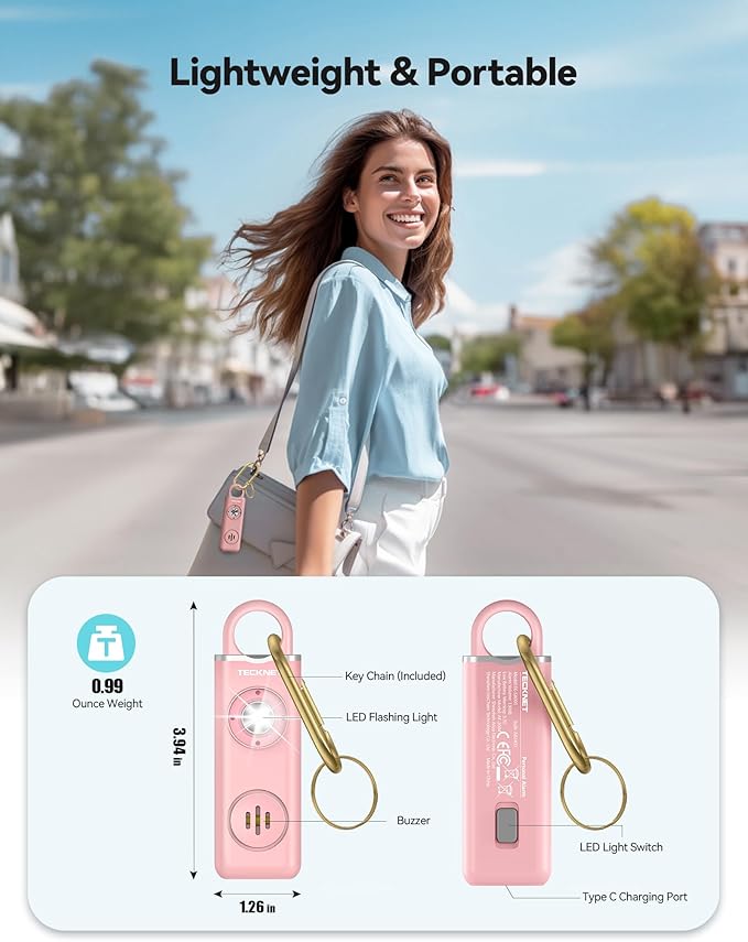 TECKNET Rechargeable Personal Safety Alarm for Women, 130dB Self Defense Keychain Alarm with SOS Strobe Light, Low Battery Notice, Loud Siren Safety Keychain for Girls Kids Elderly - Pink