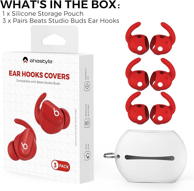 AhaStyle 3 Pairs Beats Studio Buds Ear Hooks Anti-Slip Ear Covers Silicone Accessories【Not Fit in The Charging Case】 Compatiable with New Beats Studio Buds 2021 (Red)