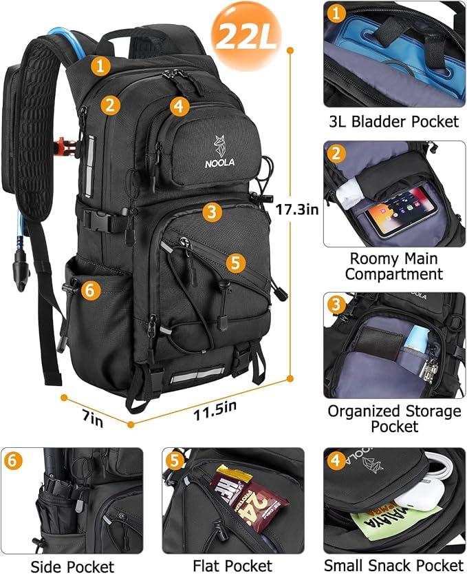 NOOLA Hydration Backpack with 3L Water Bladder, 22L / 25L Water Backpack for Hiking Cycling Biking, Lightweight Hiking Pack