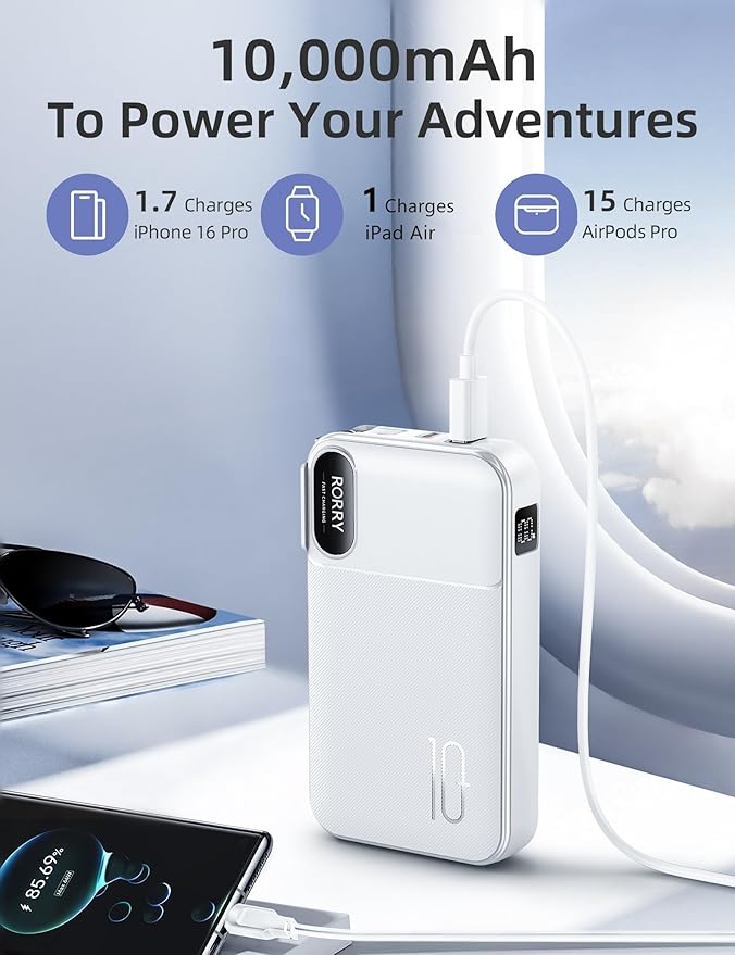 RORRY Portable Charger Built in Cables, AC Wall Plug In Portable Charger Power Bank 10000mAh Travel Battery Pack 22.5W Fast Charging for iPhone 17/16/15 Samsung Galaxy S25/S24/S23 Pixel LG iPad, White