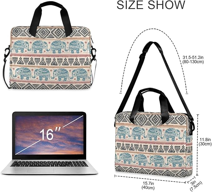 Boho Laptop Bag 15.6 inch, Large-Capacity Laptop Case with Strap, Bohemian Ethnic Elephant