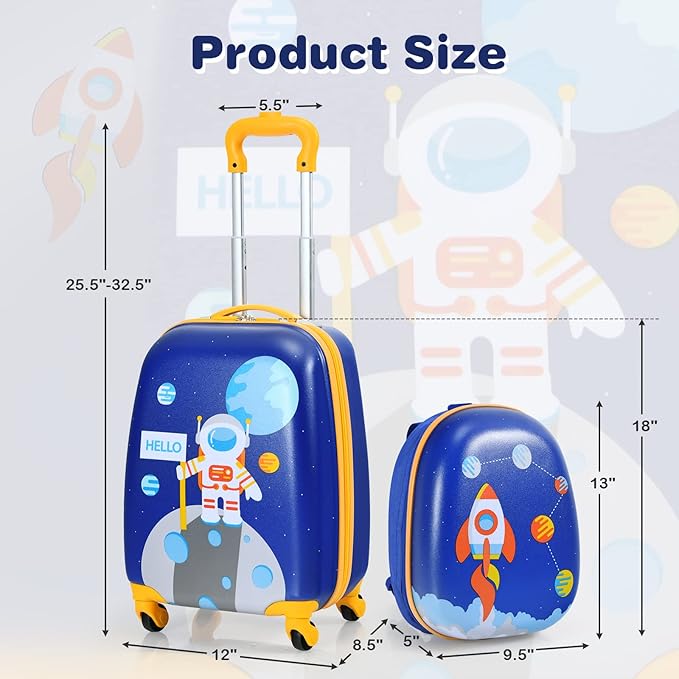 BABY JOY 2 Pieces Kids Luggage Set, 16" Toddlers Carry-on Suitcase & 12” Backpack Set, Children Travelling Case w/ 4 Casters & Retractable Handle, Lightweight Trolley Case for Boys & Girls (Astronaut)