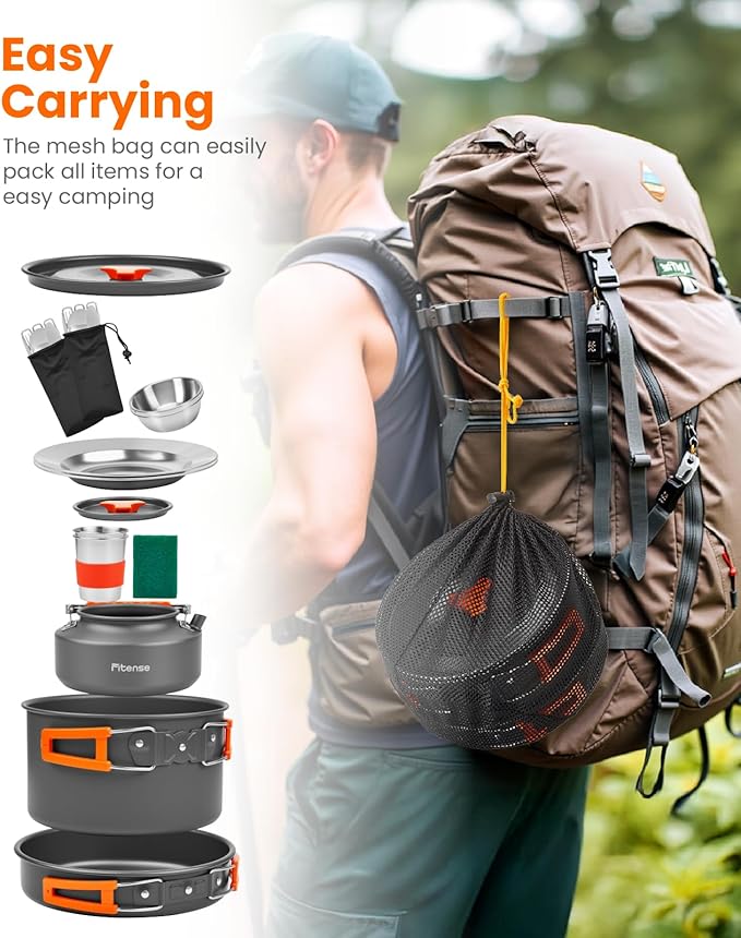 Fitense 21Pcs Camping Cookware Mess Kit for 2, Lightweight Camping Kitchen Pots and Pans Set, Portable Cooking Essentials for Backpacking, Hiking and Picnic