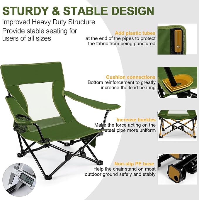Joyfair Beach Camping Chair (2 Pack), Outdoor Folding Lawn Chair for Adults, Heavy Duty Portable Chair with Armrest for Outside Fishing, Sport, Patio, Cup Holder & Storage Pocket, Carry Bag (Green)