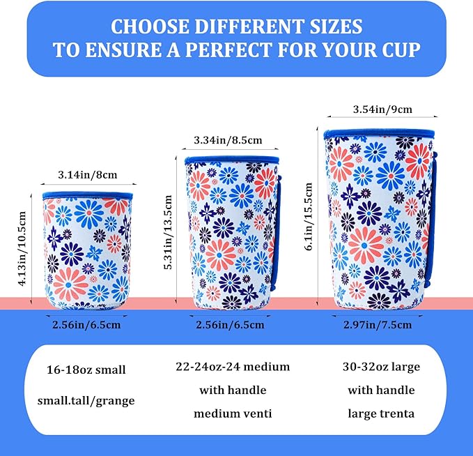 KJQJLY 3 Pack Reusable Iced Coffee Sleeves for Iced Coffee Cups or Drinks Reusable Neoprene Insulated Sleeves for Hot and Cold Drinks from Starbucks, Dunkin, And More (Blue Flower)