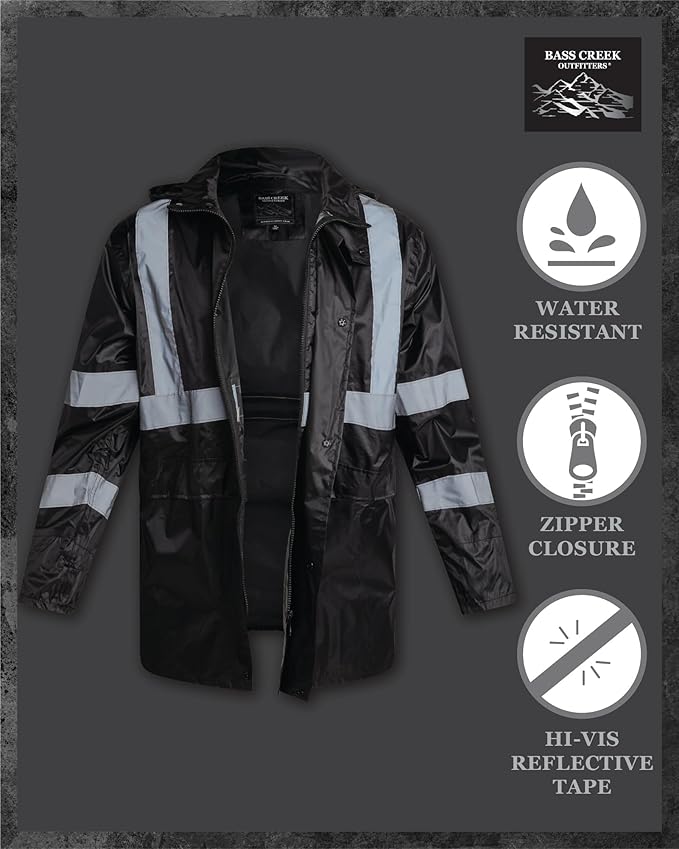 Bass Creek Outfitters Mens Rain Jacket - Waterproof Hooded High Visibility Safety Coat with Reflective Strips