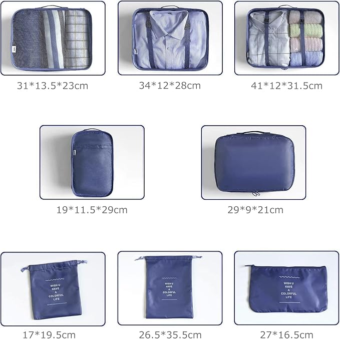 8 Set Packing Cubes for Suitcases Travel Luggage Packing Organizers,Travel Essentials Accessories Luggage Organizer with Shoe Bag Tioletry/Laundry Bag（Dark Blue）