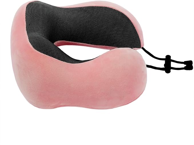 Memory Foam Travel Pillow, Neck Pillow with 360-Degree Head Support, Comfortable and Lightweight, Ideal for Sleeping on Airplane, Car, Train, Bus and Home Use, Comes with Storage Bag (Pink)