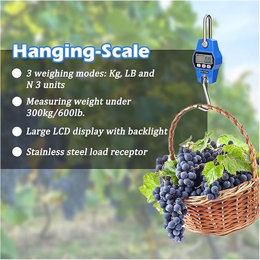 Portable Luggage Scale, Portable Digital Crane Scale 300kg Electronic Crane Scale DIY Weighing Tool Industrial Heavy Duty Weight Stainless Steel Hook Scale LCD Digital Hanging Scale