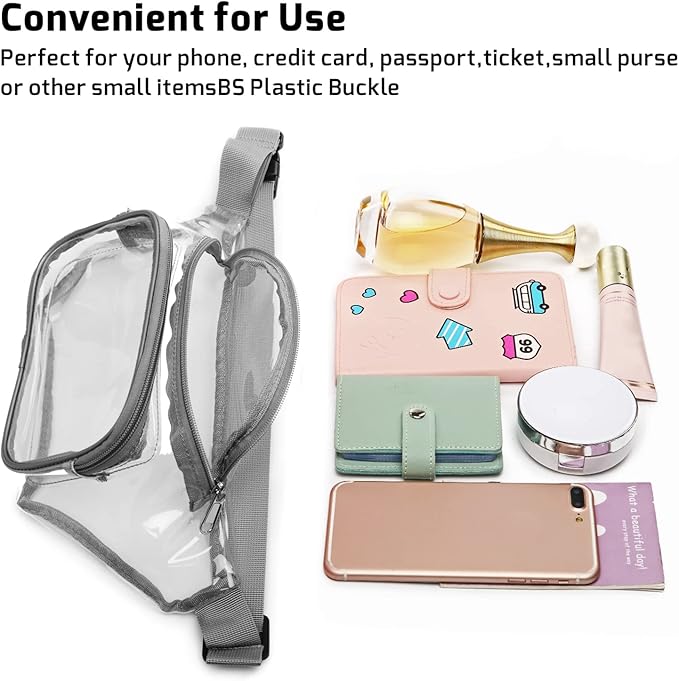 Veckle Clear Fanny Pack Stadium Approved - Adjustable 33-47 Inch Strap, Transparent Belt Bag for Women Men Fits 7.5-inch Smartphone, Waist Bag Clear Bag for Stadium Events, Sport, Concerts, Grey