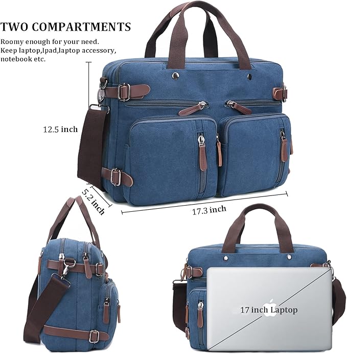 CROCOD 3 In 1 Canvas Convertible Laptop Bag for Men Women, 17.3 inch Laptop Messenger Bag Work Briefcase, Computer Shoulder Bag for Travel Business Office (17.3 Inch, Blue) | 3 In 1, Multi-pocket