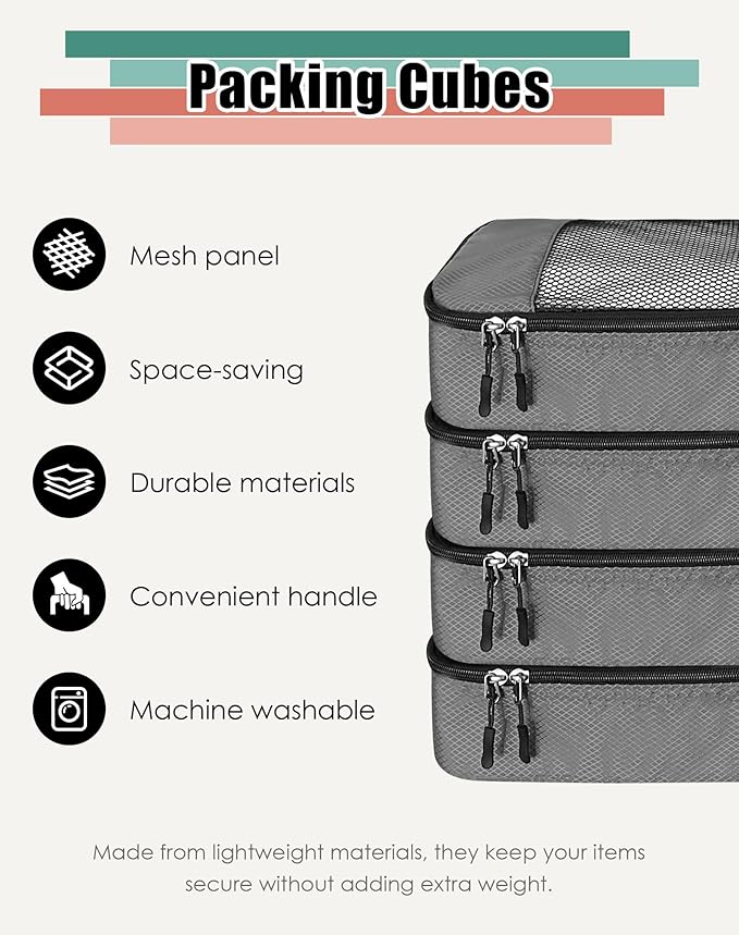 WTREE 4-Piece Packing Cubes Travel Accessories Set for Suitcases - Luggage Organizer Bags with Double Zipper - Mesh Top - Small - Dark Grey