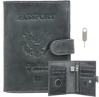 CONTACTS Full Grain Leather Passport Holder with Airtag Slot RFID Blocking Passport Wallet for Men Travel Passport Cover with SIM Card Removal Tool (Badge, Gray)