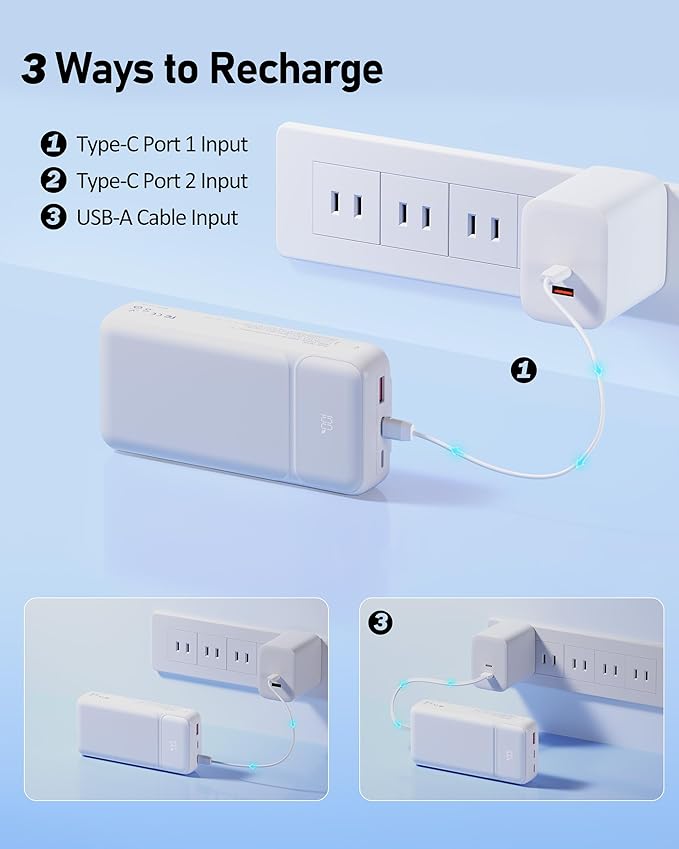 Power-Bank-Portable-Charger 49800mAh Portable Phone Charger Power Bank with 3 Built-in Cable(USB-C, iOS, USB-A), 22.5W Fast Charging LED Display External Battery Pack for iPhone Android Samsung, etc