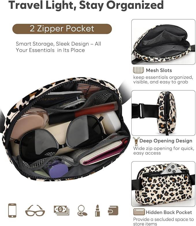 Pritent Fanny Packs for Women Cross Body Bag Waterproof Belt Bag with Adjustable Strap and Zipper Back Pocket Small Crossbody Bags Fashion Waist Packs for Workout Travelling(Leopard, Large)