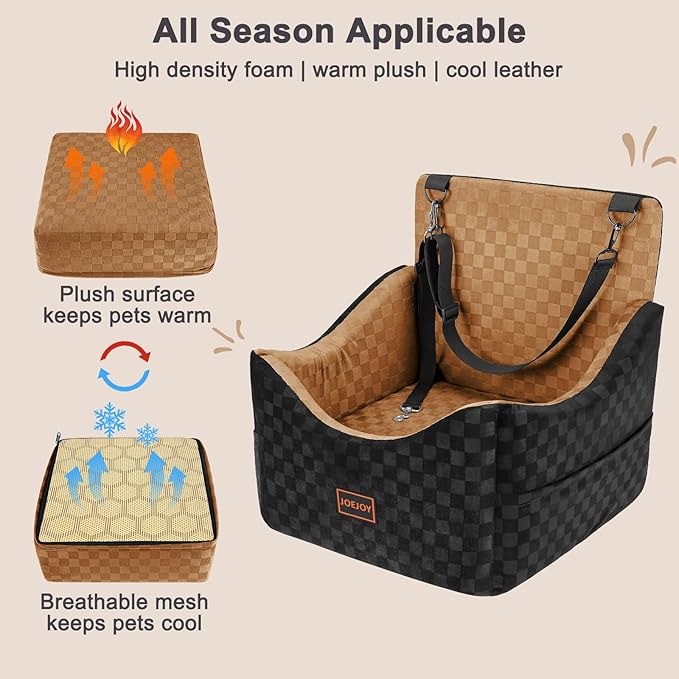 JOEJOY Elevated Dog Car Seat for Small/Medium Dogs up to 35 lbs, Memory Foam Booster Seat with Detachable Washable Cover, Travel-Safe Car Bed with Safety Belts & Storage Pockets, Brown
