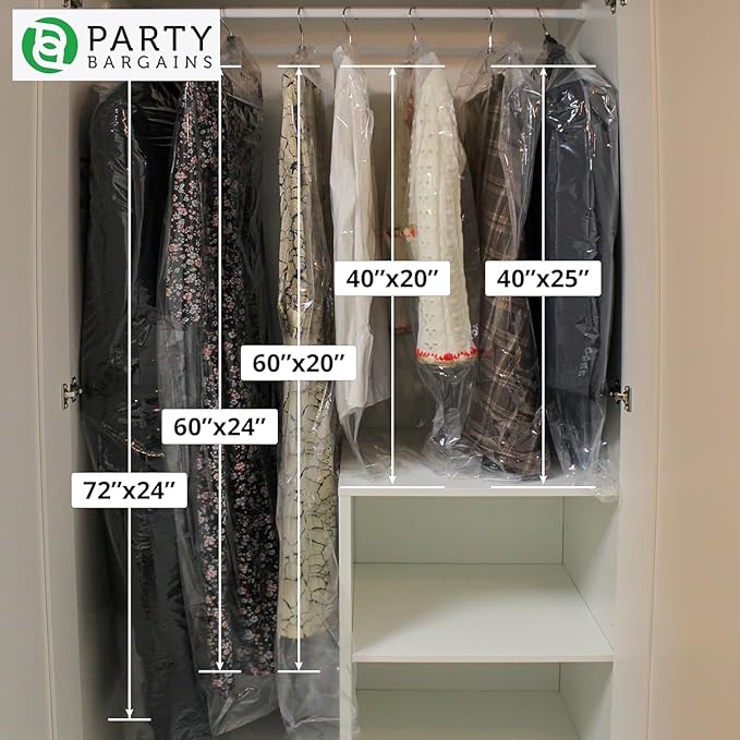 PARTY BARGAINS 40 x 25 Inch Disposable Clear Garment Bags, 100 Pack – Heavy-Duty Plastic Clothes Covers for Suits Dresses Coats, Closet & Travel