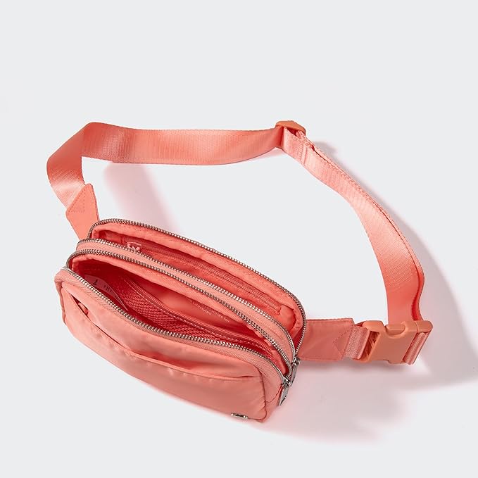 Pander Everywhere Belt Bag for Women, 5 Zipper Pockets Nylon Crossbody Fanny Pack Purse (Dark Salmon).