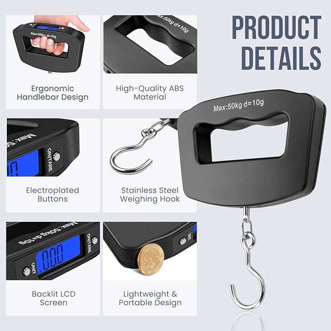 50kg/10g Portable Luggage Scale Digital Mini Fish Hook Hanging Scale Electronic Weight Scale for Travel Household Outdoor Weighing