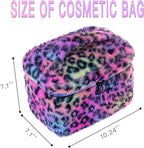 Plush Travel Makeup Bag Toiletry bag for Women Soft Fluffy Cosmetic Bag Portable Foldable (Rainbow Leopard)