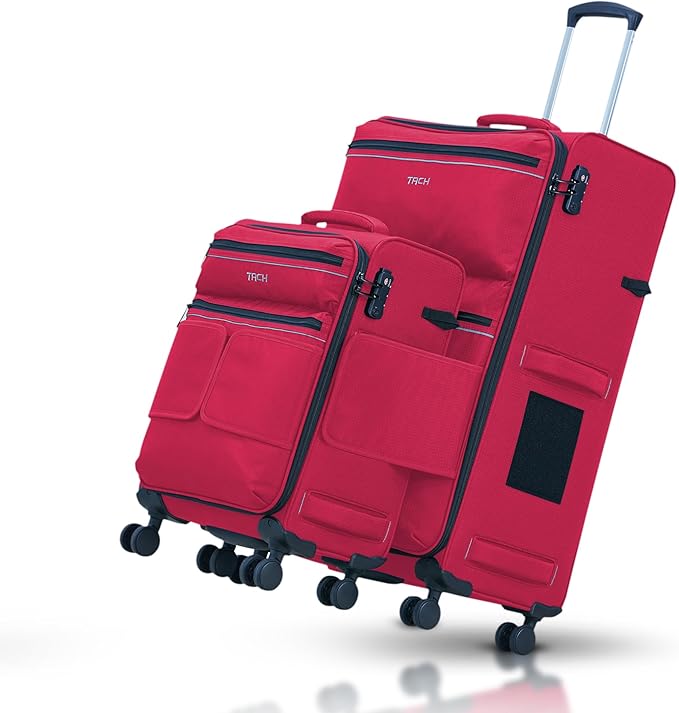 TACH LITE Samba Soft Connectable 2 Piece Luggage Sets - 20 & 28 inch Luggage | Small Carry On & Large Checked Suitcases | Patented Built-In Connecting System | Rolling Suitcase Links 6 Bags (Red)