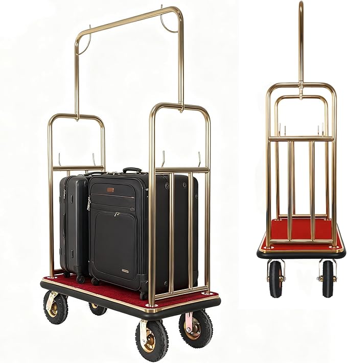 Generic Hotel Luggage Cart 39Lx19Wx68H Inch Bellman Cart with 881lb Load Capacity 8-inch Silent Rubber Casters Carpet Deck Bumper Rails Hotel Service Trolley for Commercial Use Condos Resorts