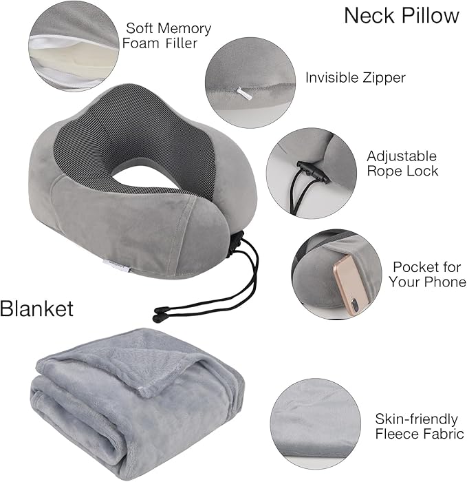 Travel Pillow and Blanket Set & Foot Rest, Memory Foam Neck Pillow Airplane Blanket & Airplane Foot Hammock & Foldable Duffel Bag, Eye Mask & Earplugs, Portable Travel Accessories Essentials, Grey
