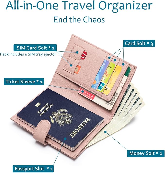 Leather RFID Slim Passport Holder for Travel Women – Passport Wallet for Men with Passport Cover & 3 Card Slots, Zippered Coin Pocket, Cash Holder – Travel Organizer Mother's Day Gift (Pink)