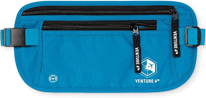 VENTURE 4TH Money Belt for Travel – Slim Hidden Under-Clothes RFID Blocking Anti-Theft Passport Holder & Travel Wallet Pouch for Men & Women to Protect Cash, Cards & Documents (Blue)