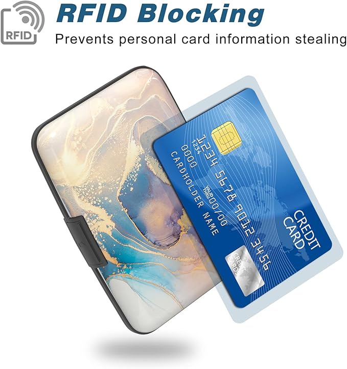 Credit Card Holder, Mini Aluminum Card Wallet RFID Blocking Slim Metal Hard Card Case for Women Men, Pink Gold Marble