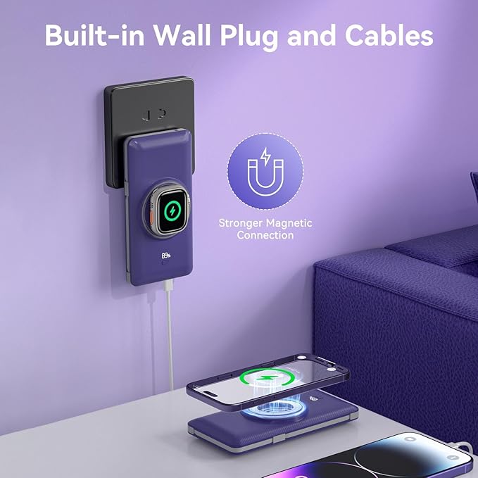 Magnetic 10000mAh Portable Charger for iWatch & iPhone, PD Fast Charging Wireless Power Bank Built-in Cables and Wall Plug, External Travel Battery Pack Compatible with iOS Android Phones