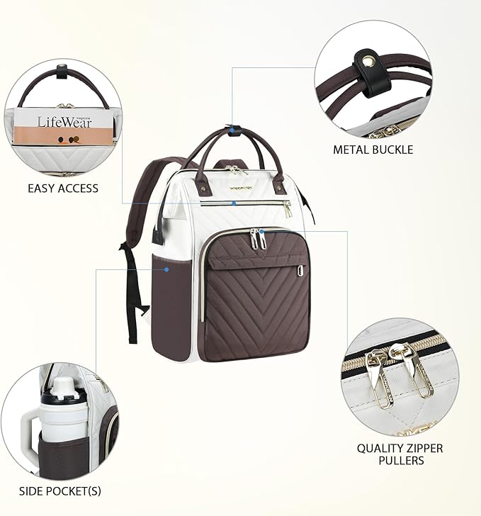 VANKEAN 17 Inch Laptop Backpack for Women Fashion Computer Work Bag, Large Capacity Waterproof Backpack, College Daypack Business Travel, Beige-Coffee