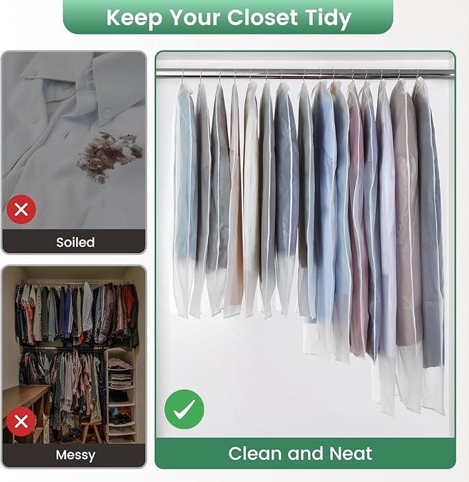 Carbrea Translucent Garment Bags for Hanging Clothes - Frosted Clothes Storage Bags for Suits, Dresses, Closet Storage - 6 Pack