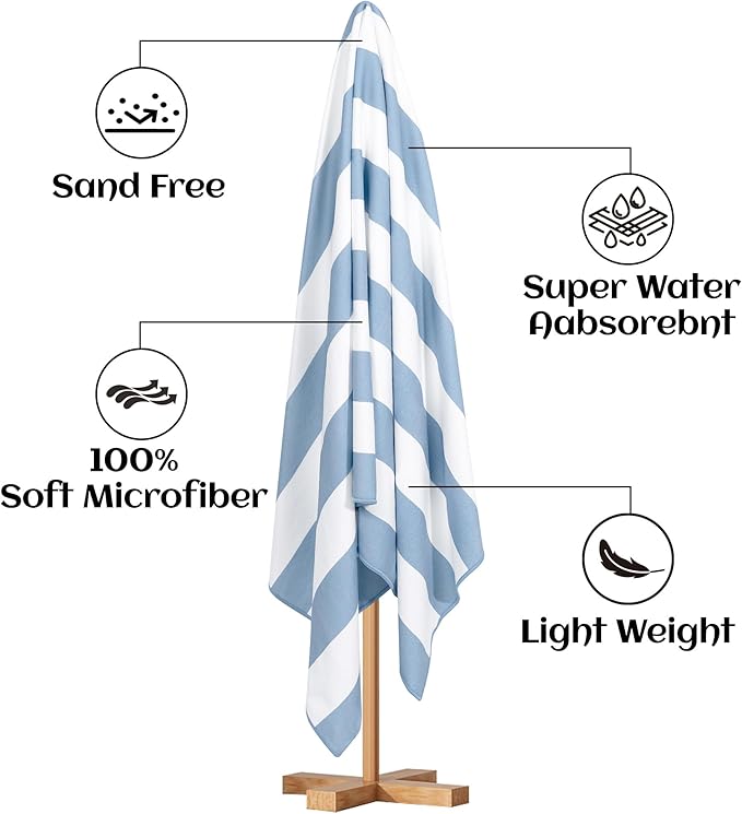 Touchat 4 Pack Beach Towels Stripe Microfiber Beach Towel Sand Free Quick Dry Swim Pool Towels for Adult, 30'' x 60'' Lightweight Travel Bath Towel, Camping | Ultra-Portable, Multi-Functional, Blue