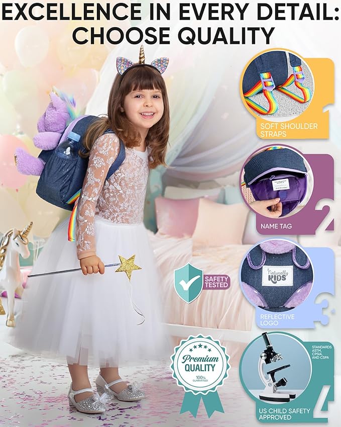 Naturally KIDS 【Upgraded】 Toddler Backpack w Removable Purple Unicorn Toy for Girls Age 2-6 | Side&Inner Pockets, Reflective Logo, Sparkling Material | Christmas Gift for 4 year old Girl