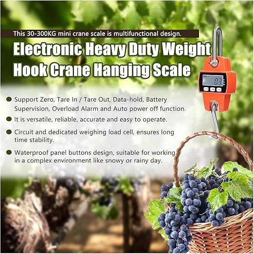 Portable Luggage Scale, Portable Digital Crane Scale 300kg Electronic Crane Scale DIY Weighing Tool Industrial Heavy Duty Weight Stainless Steel Hook Scale LCD Digital Hanging Scale