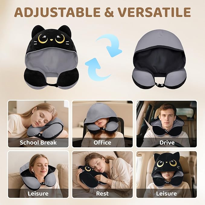 Mewaii Travel Neck Pillow with Hood for Airplanes,Memory Foam,Breathable Ice Silk & Soft Velvet,Double-Sided,Removable to Clean,Adjustable Strap,Portable Travel Pillow for Long Flights Adults & Teens