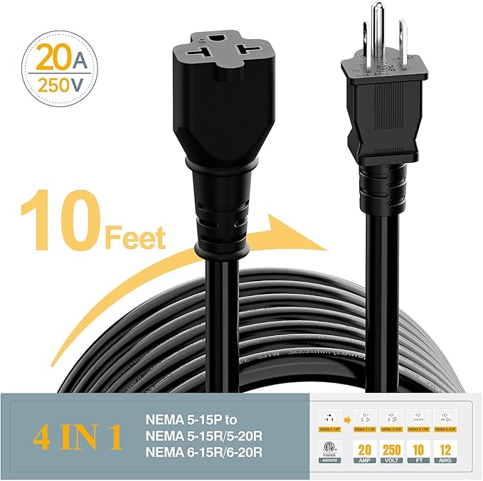 (10-Feet) NEMA 5-15P to 5-15R/ 5-20R/ 6-15R/ 6-20R AC Adapter, Plugrand 12AWG 15 Amp Household AC Plug to 20 Amp T Blade Adapter Cable, 15A 125V to 20A 250V Extension Cable, 10FT, Yellow
