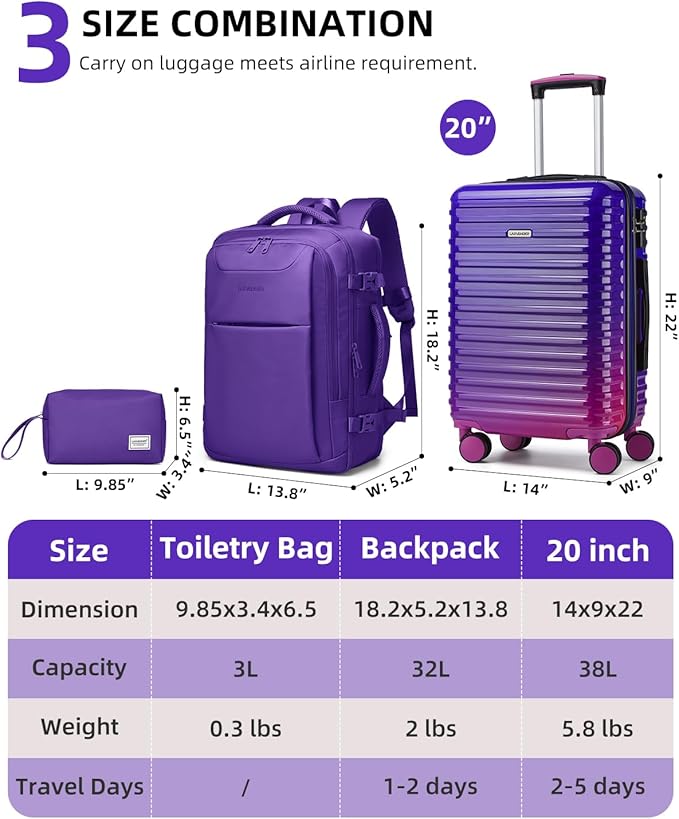 LARVENDER Carry on Luggage 22x14x9 Airline Approved, Expandable 20 Inch Hardside Large Suitcase with Wheels TSA Lock, Lightweigh PC+ABS Travel Carry-on Suitcases for Women and Men, Midnight Berry