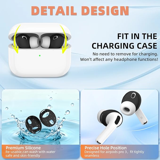 [5 Pairs] for AirPods Pro 3 Ear Tips Cover [Fit in Case], Soft Silicone AirPod Pro 3 Ear Cover Anti Slip Air Pod pro 3 Accessories Compatible with AirPods Pro 3rd Generation Earbuds 2025 (Black)