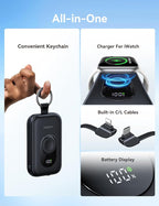 RORRY CharmGo Portable Charger, 20000mAh PD 30W Portable Charger Power Bank with 2 Built-in Cables, Fast Charging Battery Pack with Keychain, Travel Essentials for iPhone, Apple Watch, iPad, White