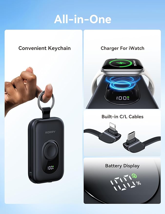 RORRY CharmGo Portable Charger, 20000mAh PD 30W Portable Charger Power Bank with 2 Built-in Cables, Fast Charging Battery Pack with Keychain, Travel Essentials for iPhone, Apple Watch, iPad, White
