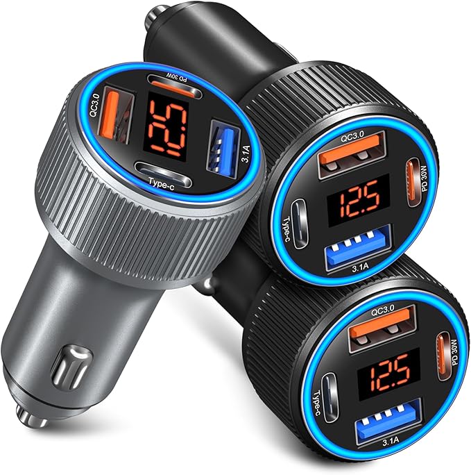 USB C Car Charger, 3 Pack 65W Dual 12V Car Power Adapter with Voltmeter QC+PD 3.0 Multi Port Fast Charging Cigarette Lighter USB Charger for iPhone 17 16 15 14 13 12 Pad Pro Max, Android(Black Gray)