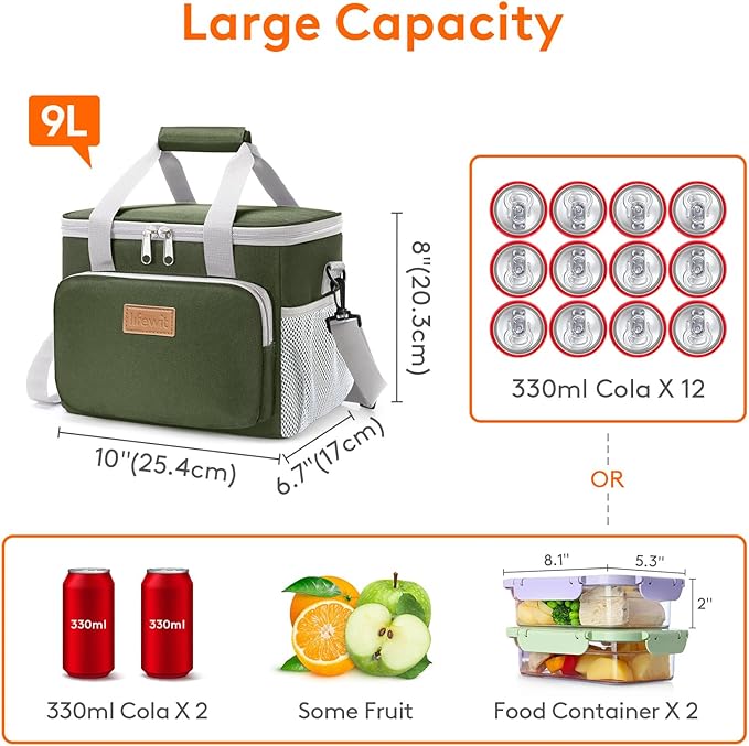 Lifewit Medium Lunch Bag, Insulated Lunch Box, Soft Cooler Cooling Tote for Adult Men Women, Gray and Green 12-Can (9L)