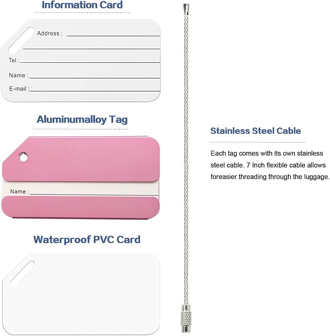 Aluminum Luggage Tags, Luggage Tag Holders for Travel Luggage Baggage Identifier by Ovener (2Pack Pink)